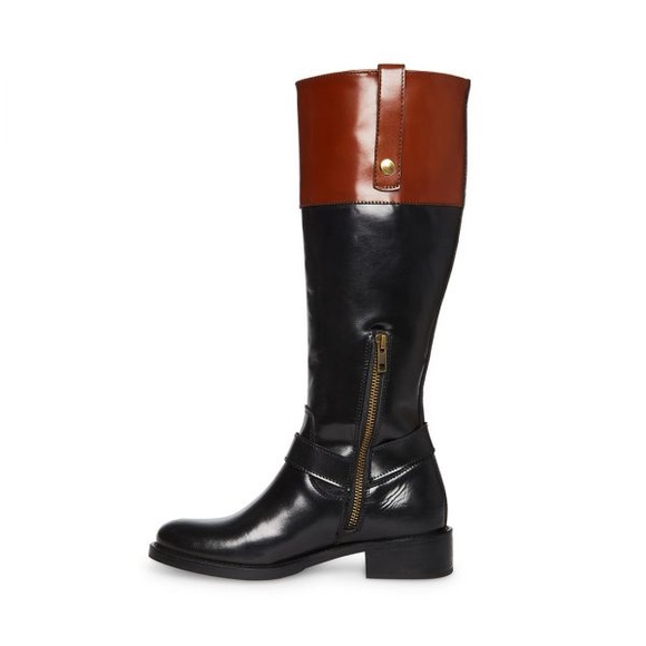 NEW STEVE MADDEN EQUESTRIAN CHALET TALL LEATHER BLACK /BROWN BOOTS 6.5 - Picture 2 of 8